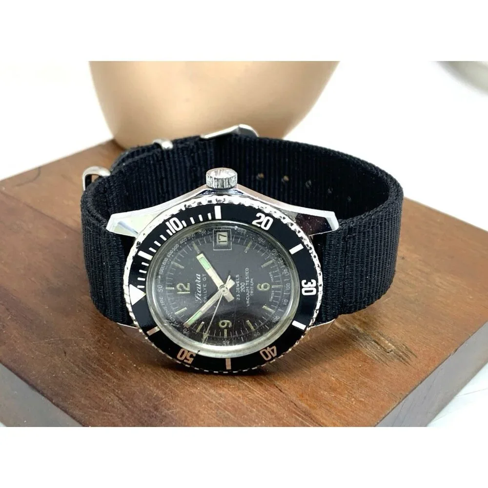Sicura Rallye GT Men's Watch Vintage Swiss Manual Wind Black Dial 38mm Nylon